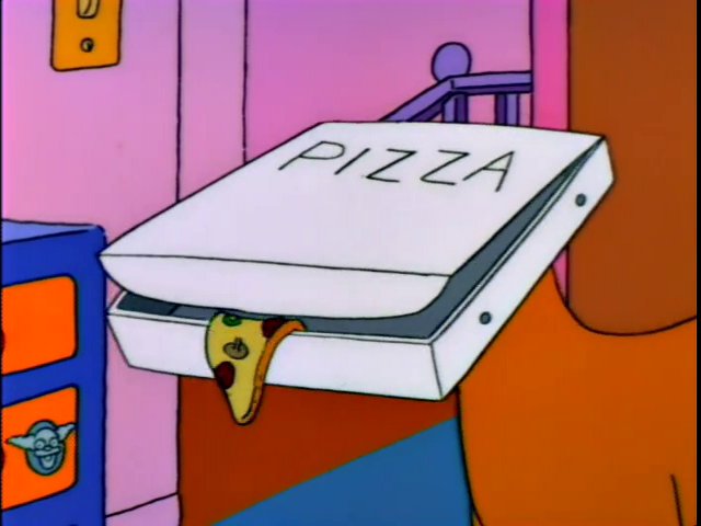 Santa's Little Helper has a delicious box of pizza for a head and a slice of pizza for his tongue